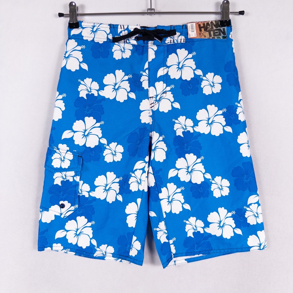 Hang Ten Swim Trunks Boys Medium Blue Hibiscus Floral Mesh Lined Board Shorts